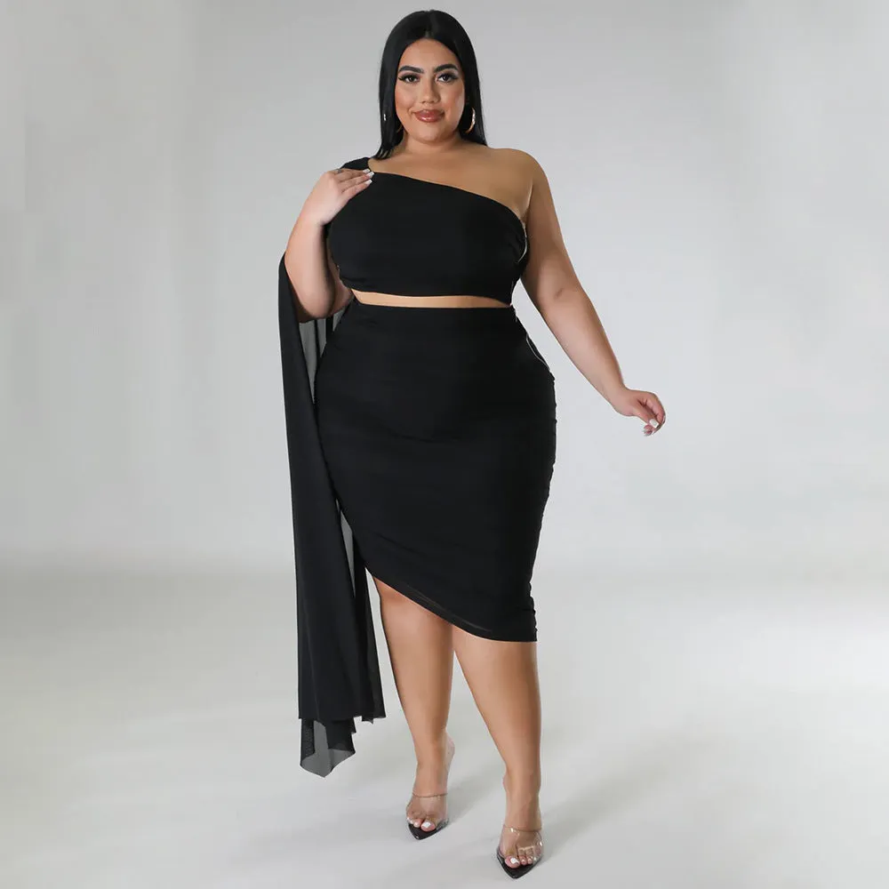 Plus Size Diagonal Collar Long Train Sleeve Wrinkle Two Piece Skirt Set