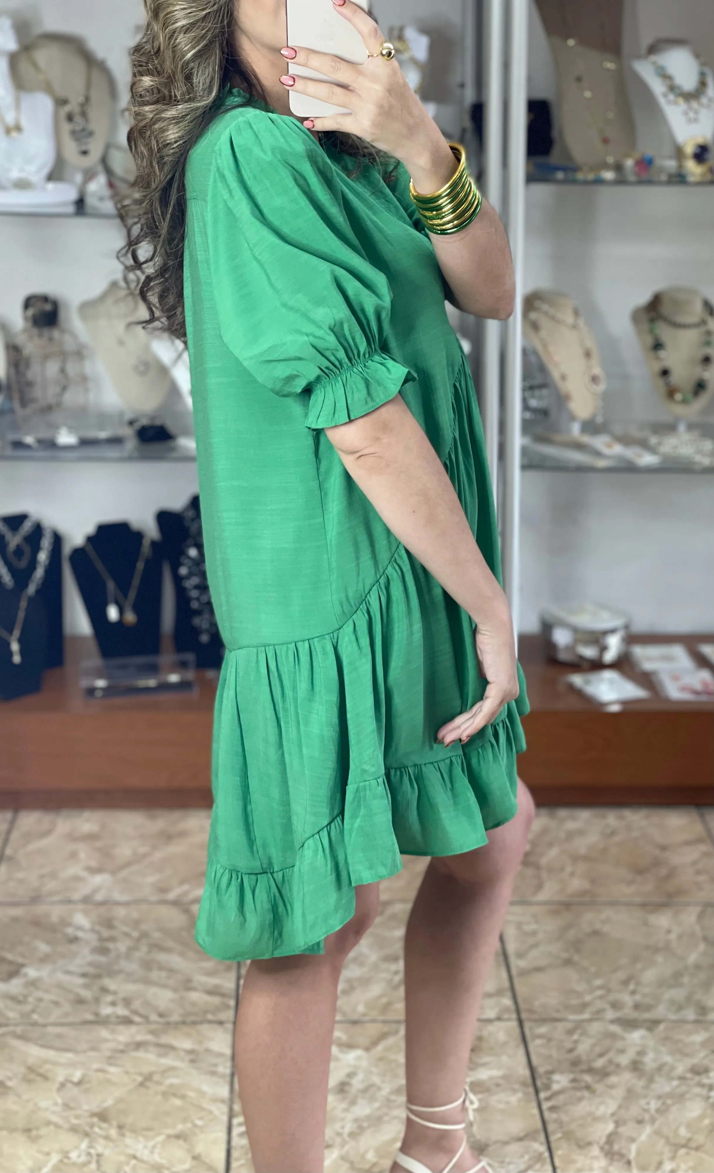 Puff Sleeve Short Green Dress