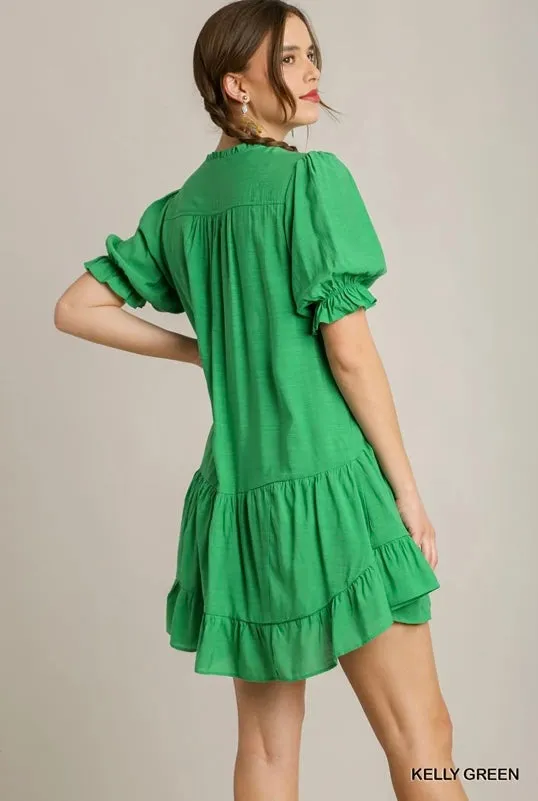 Puff Sleeve Short Green Dress