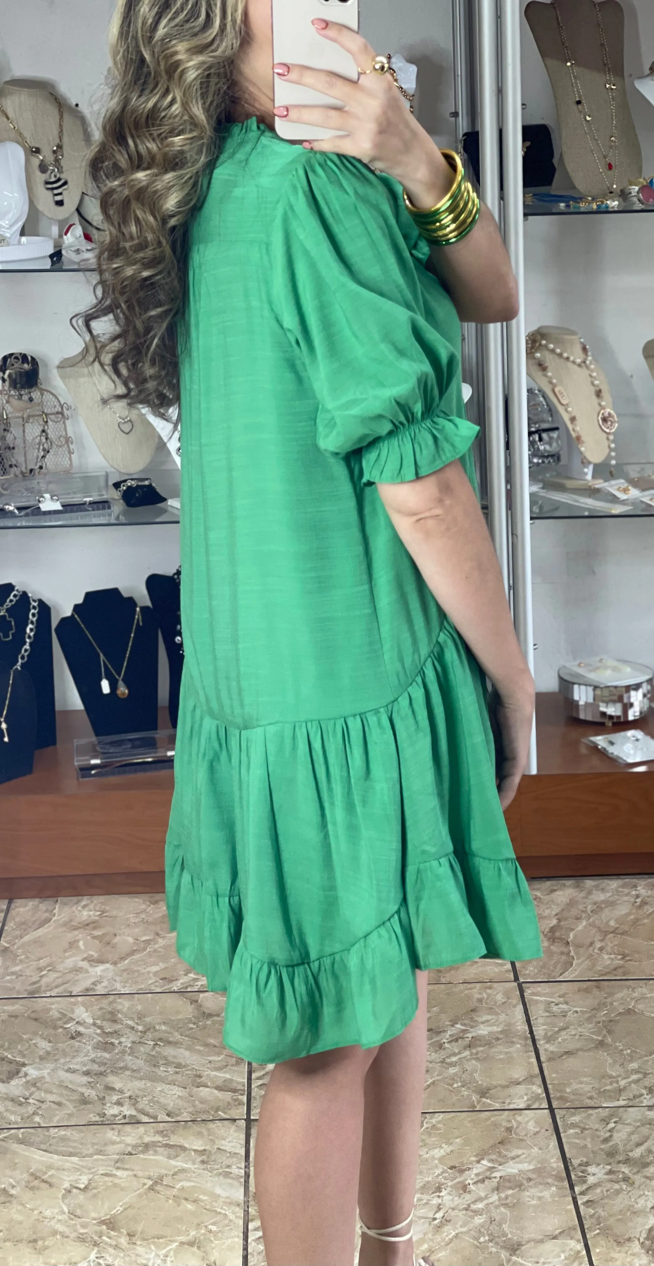 Puff Sleeve Short Green Dress