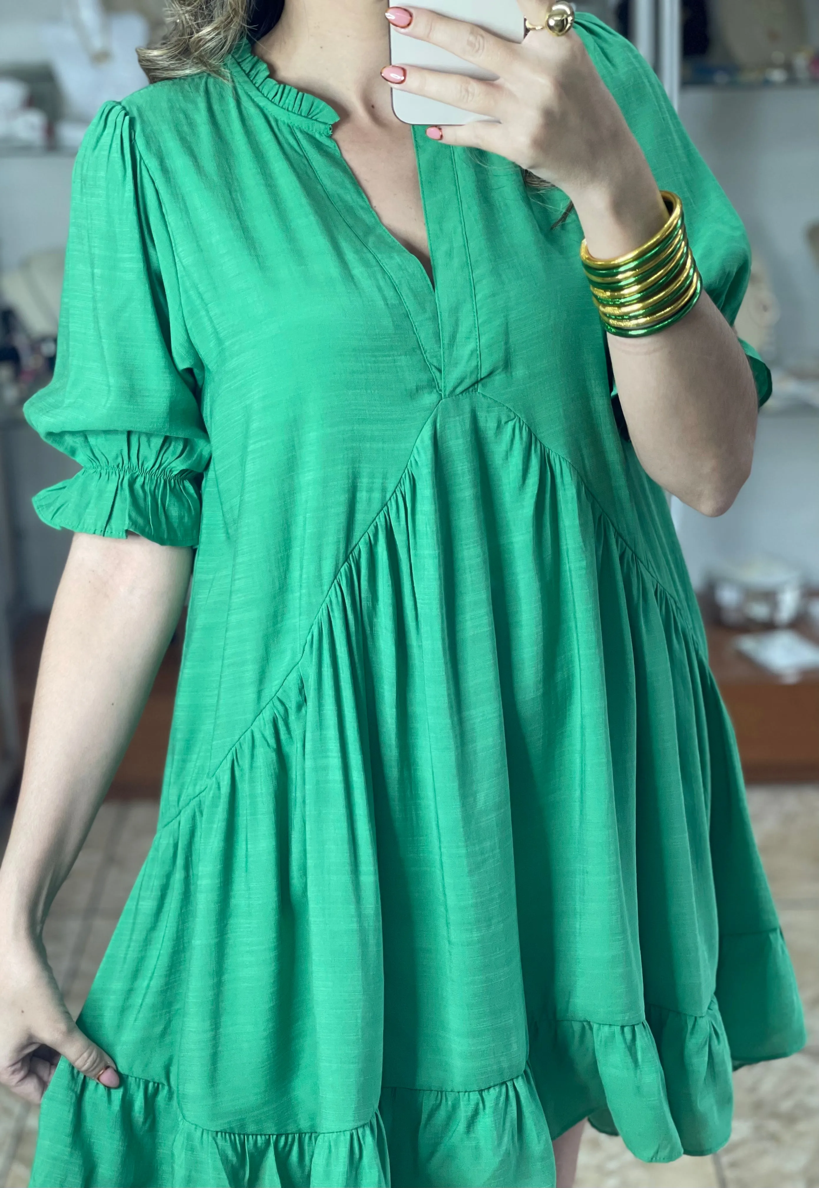 Puff Sleeve Short Green Dress