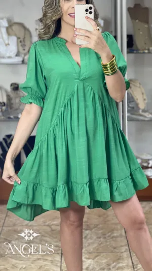 Puff Sleeve Short Green Dress