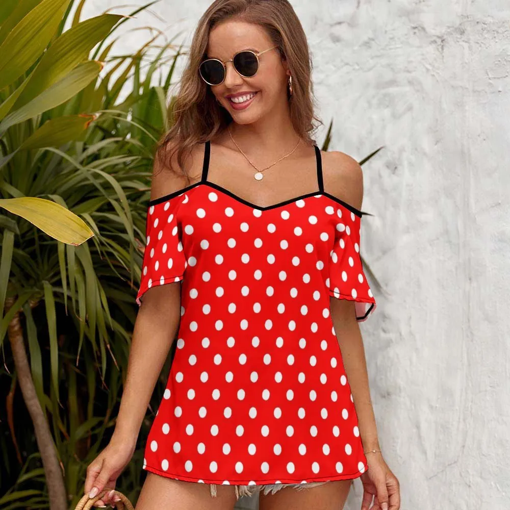 Red With White Polka Dots Women's Off-Shoulder Cold Shoulder Camisole Top