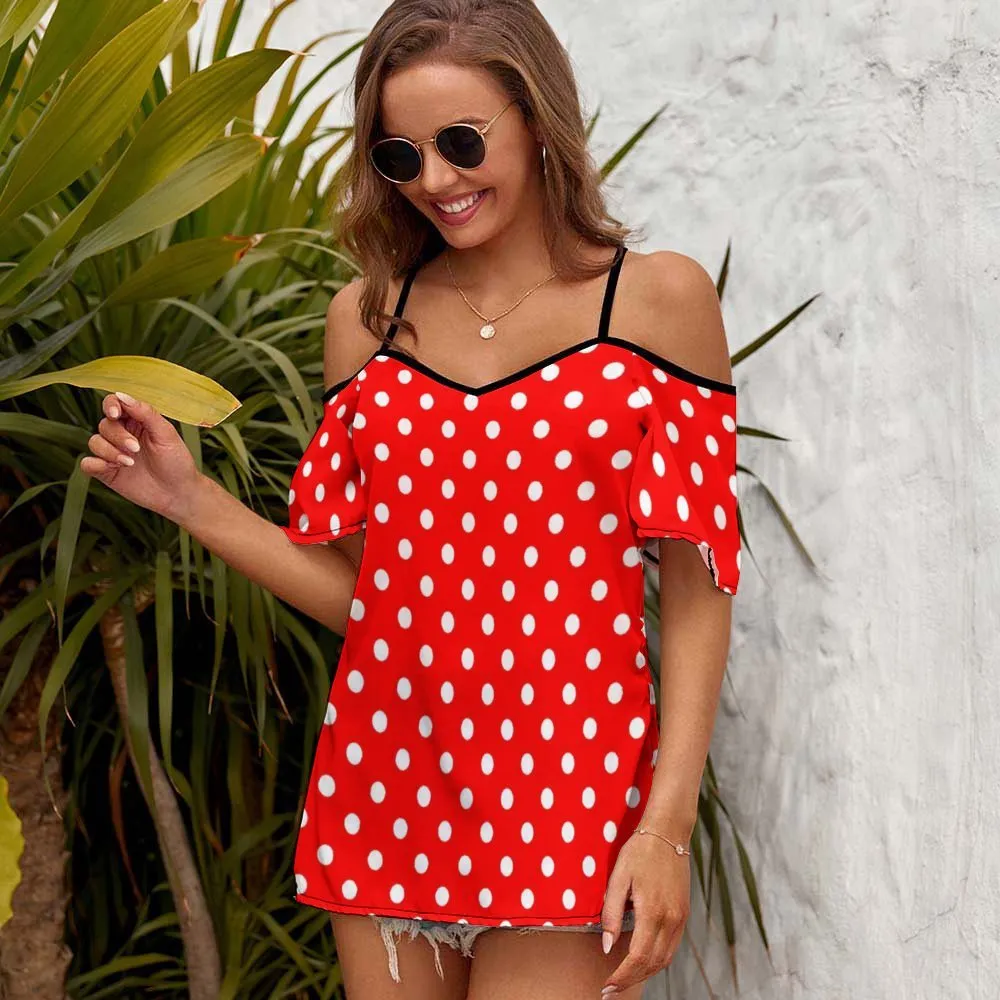 Red With White Polka Dots Women's Off-Shoulder Cold Shoulder Camisole Top