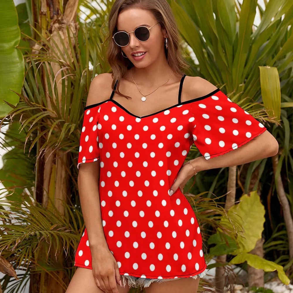 Red With White Polka Dots Women's Off-Shoulder Cold Shoulder Camisole Top