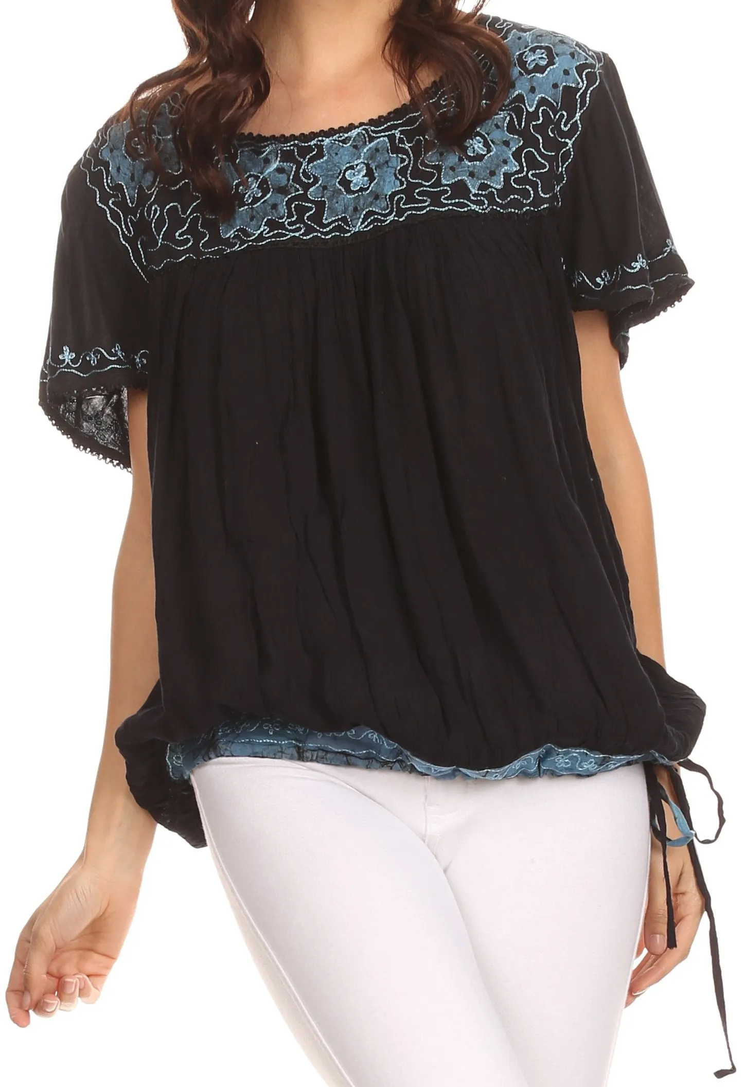 Sakkas Alexi Wide Floral Embroidered Blouse Shirt Top With Wide Neck Cap Sleeves