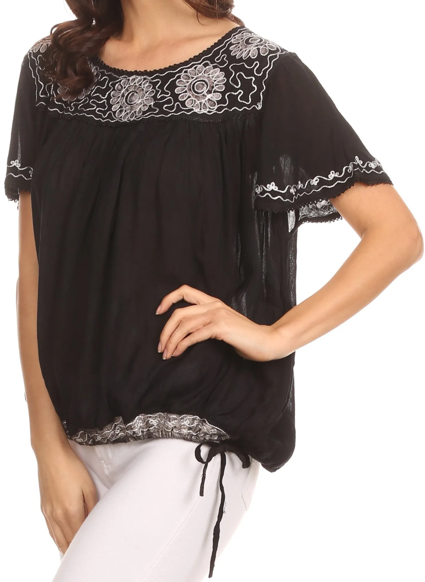 Sakkas Alexi Wide Floral Embroidered Blouse Shirt Top With Wide Neck Cap Sleeves