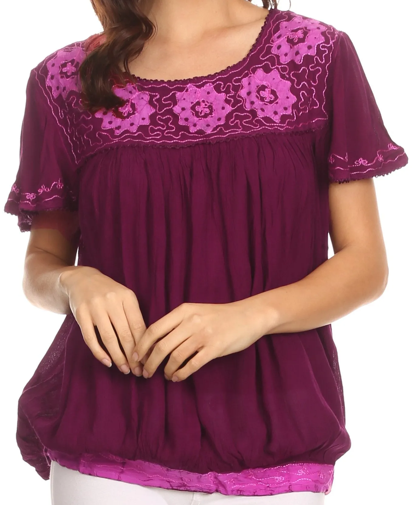 Sakkas Alexi Wide Floral Embroidered Blouse Shirt Top With Wide Neck Cap Sleeves