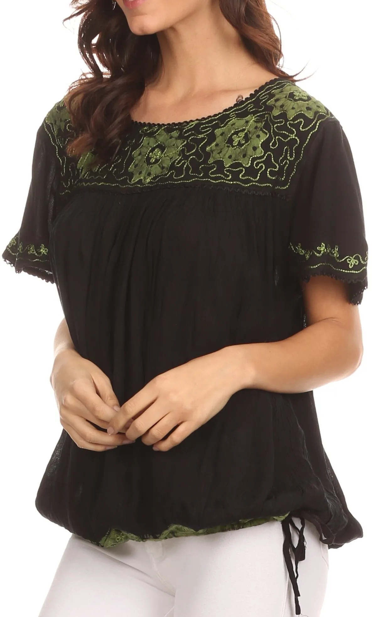 Sakkas Alexi Wide Floral Embroidered Blouse Shirt Top With Wide Neck Cap Sleeves