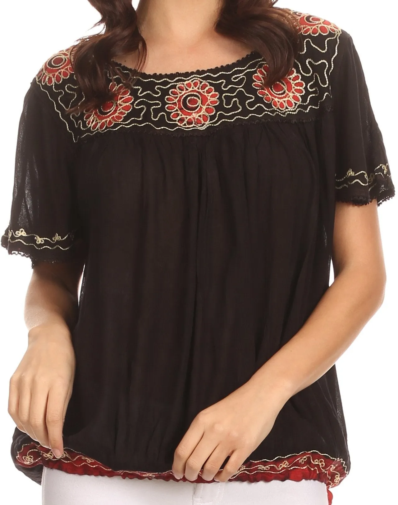 Sakkas Alexi Wide Floral Embroidered Blouse Shirt Top With Wide Neck Cap Sleeves