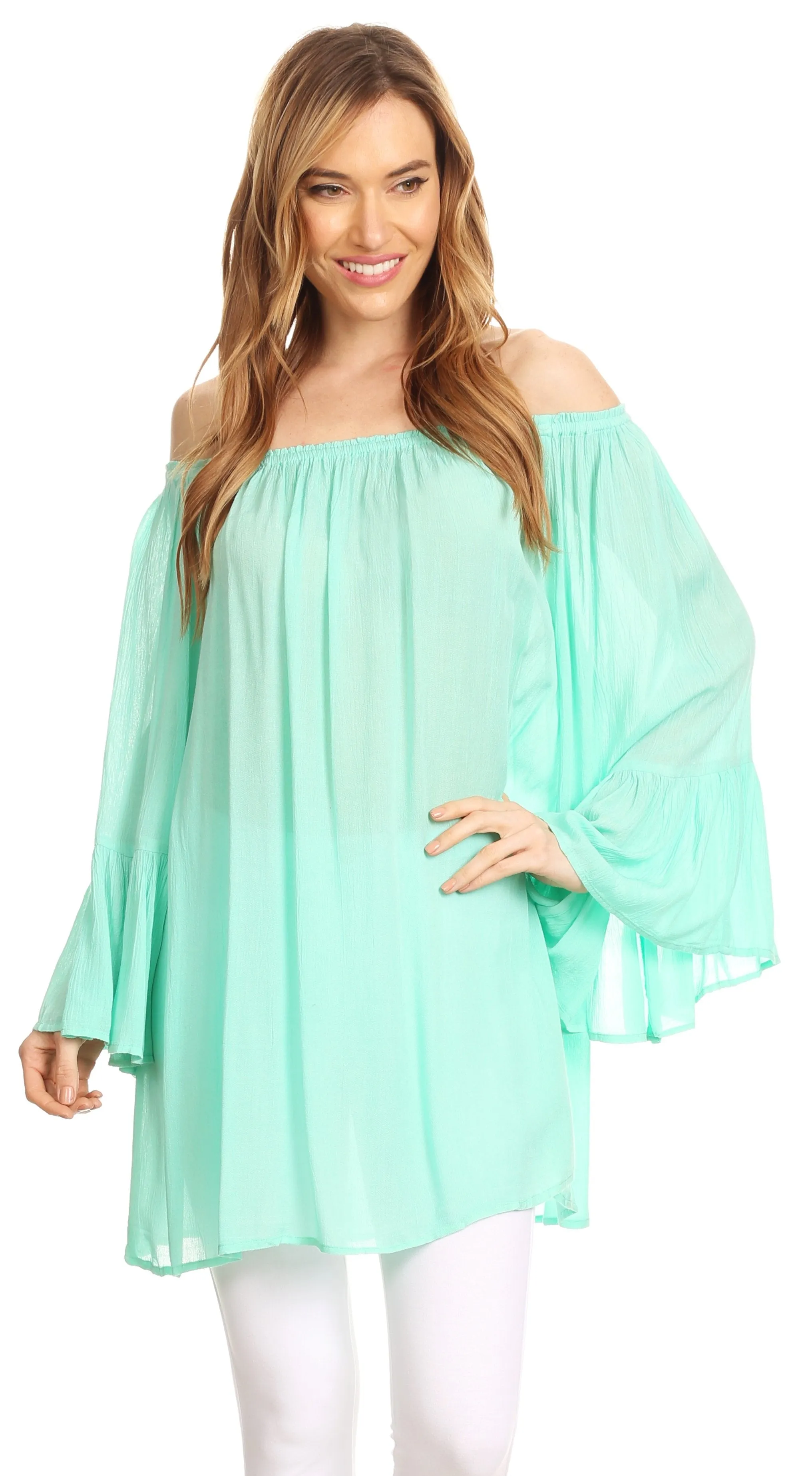 Sakkas Anna Casual Flowy Wide Neck 3/4 Sleeve Light Summer Boho Blouse Top