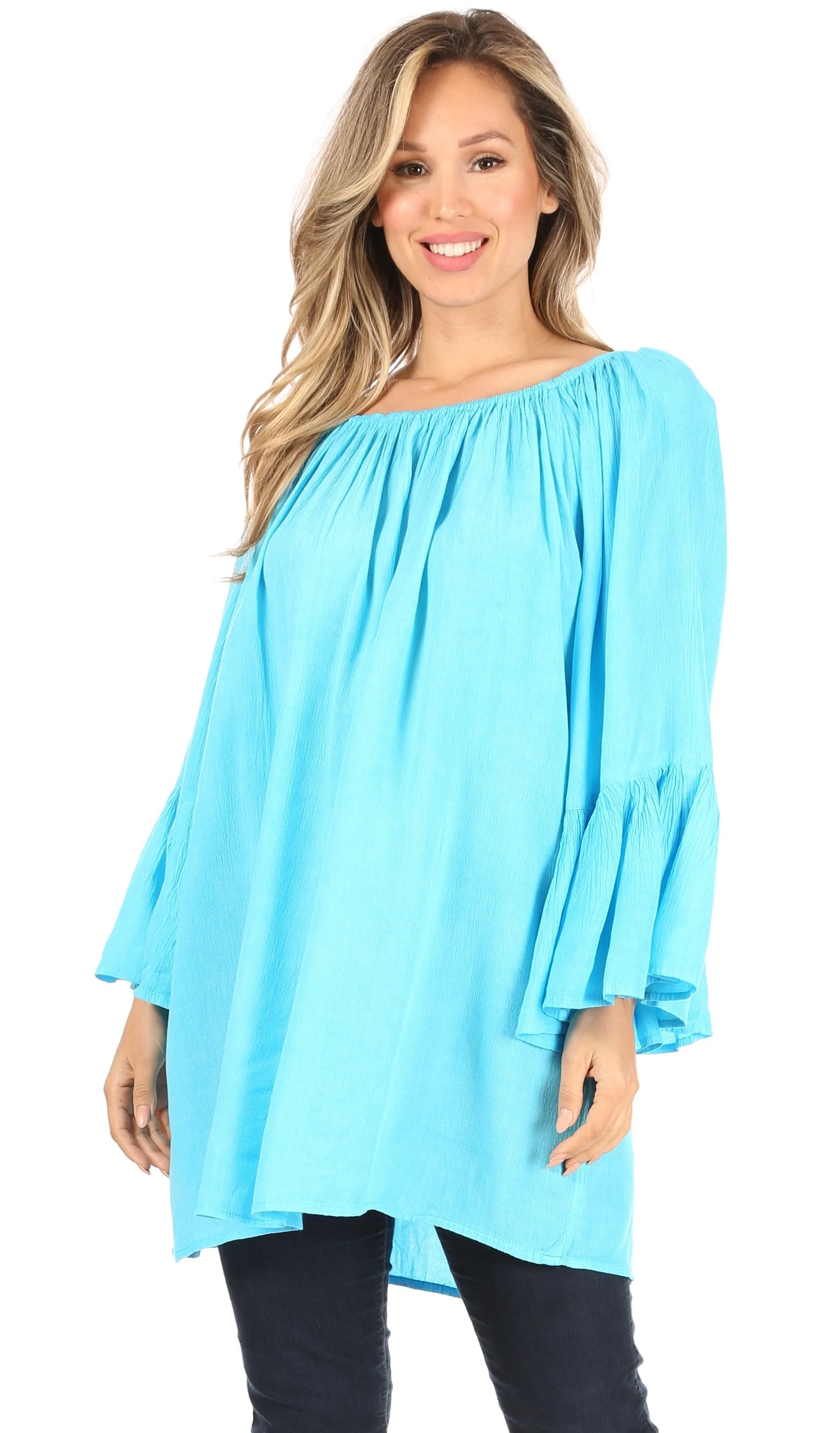 Sakkas Anna Casual Flowy Wide Neck 3/4 Sleeve Light Summer Boho Blouse Top