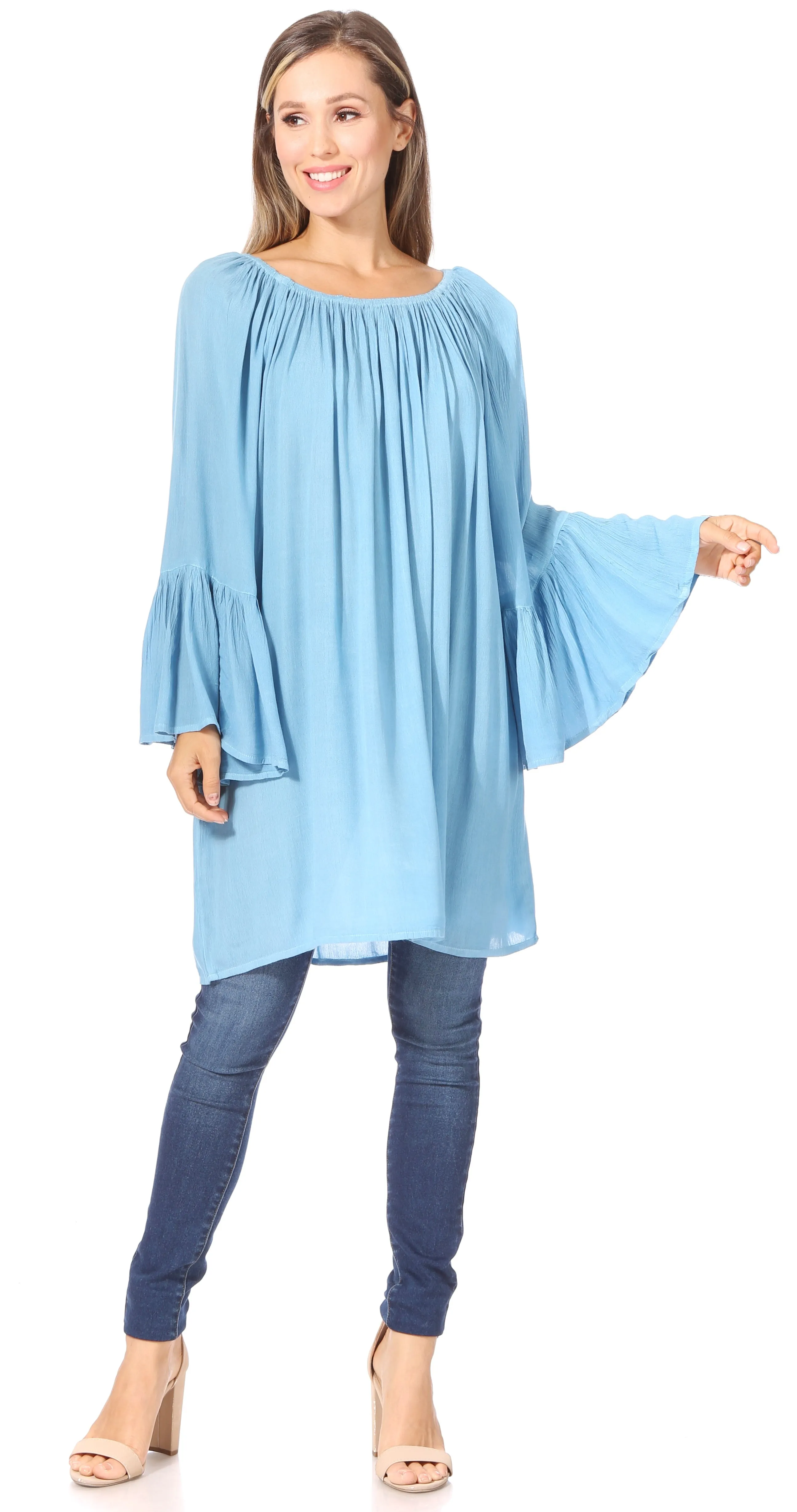 Sakkas Anna Casual Flowy Wide Neck 3/4 Sleeve Light Summer Boho Blouse Top