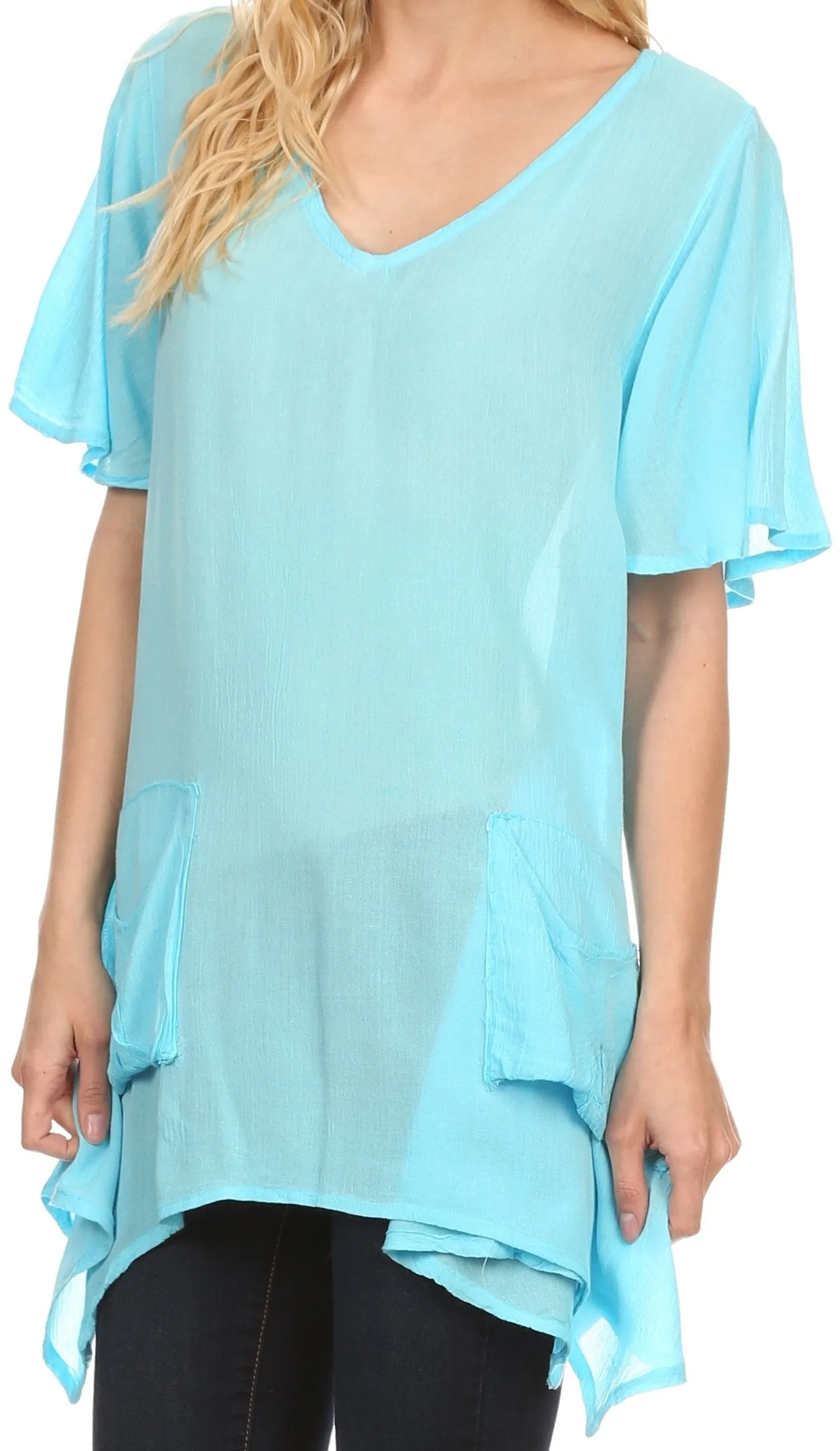 Sakkas Elisia Long Tall Short Sleeve V Neck Handkerchief Pocket Shirt Blouse Top