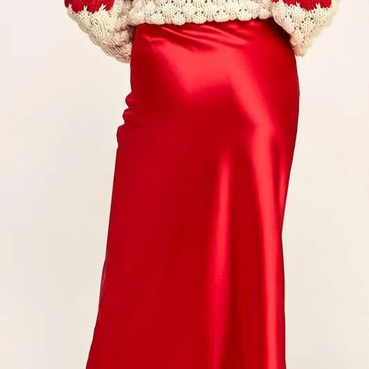 Satin Effect Red Satin Midi Skirt