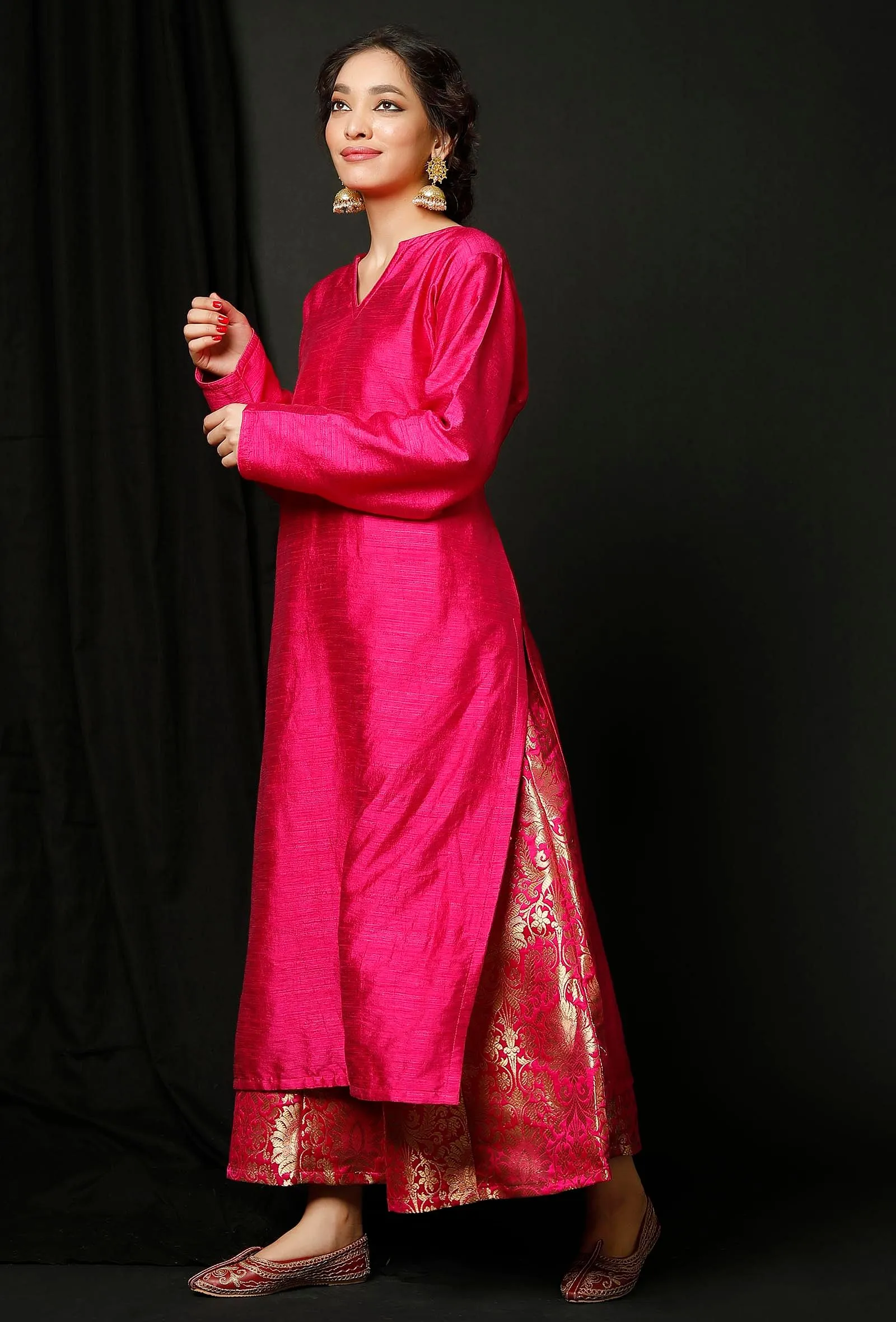 Set of 2 : Pink Raw Silk Kurta and Pink Banarsi Brocade Skirt