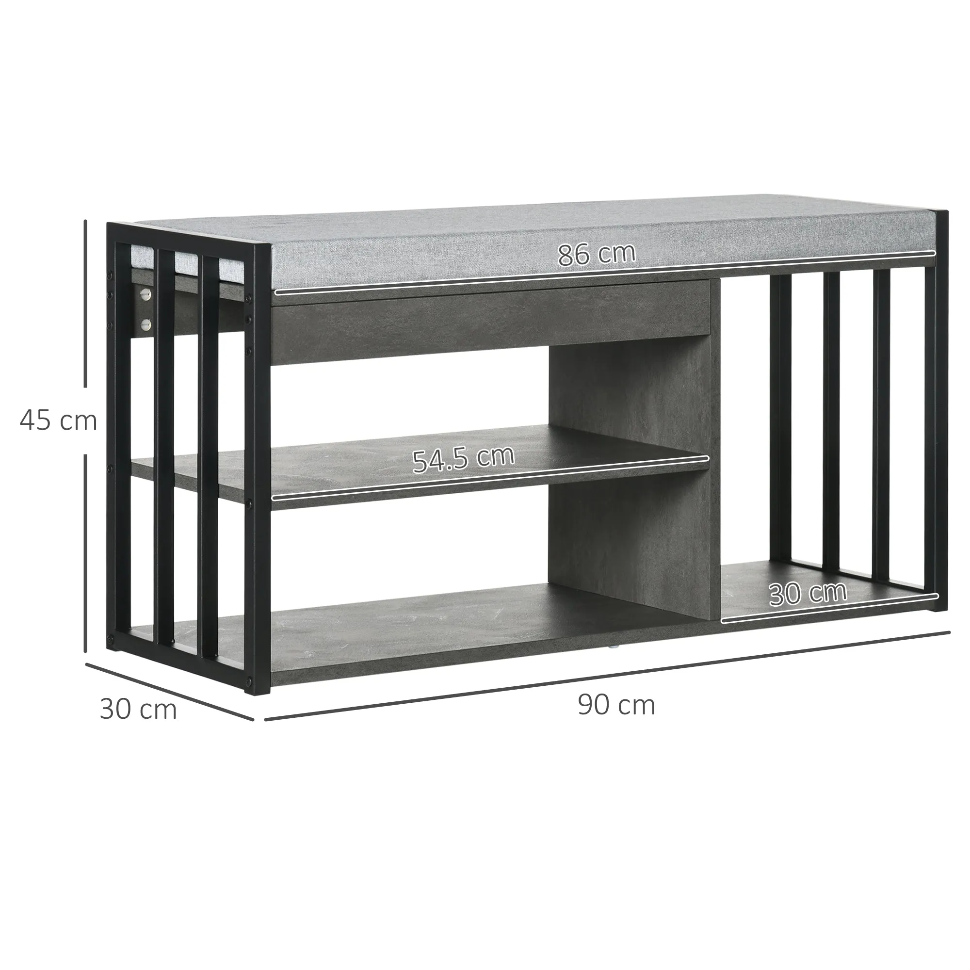 Shoe Storage with Seat, Upholstered Entryway Bench, Shoe Bench with 3 Open Shelves for Hallway, Grey