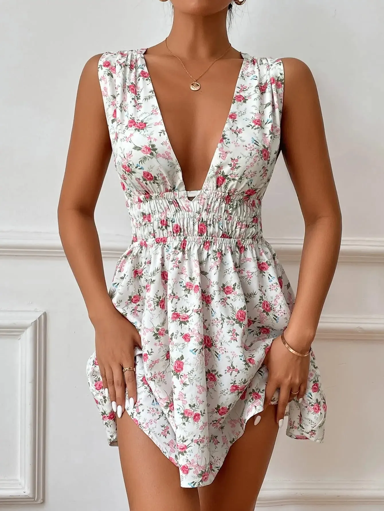 Summer Sleeveless Deep V Neck Floral Smocked Flowy A-Line Dress for Women