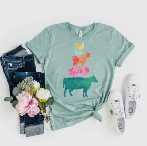 T-shirt - Bella Canvas, Watercolor Farm Animal Graphic, Dusty Blue, Also Plus