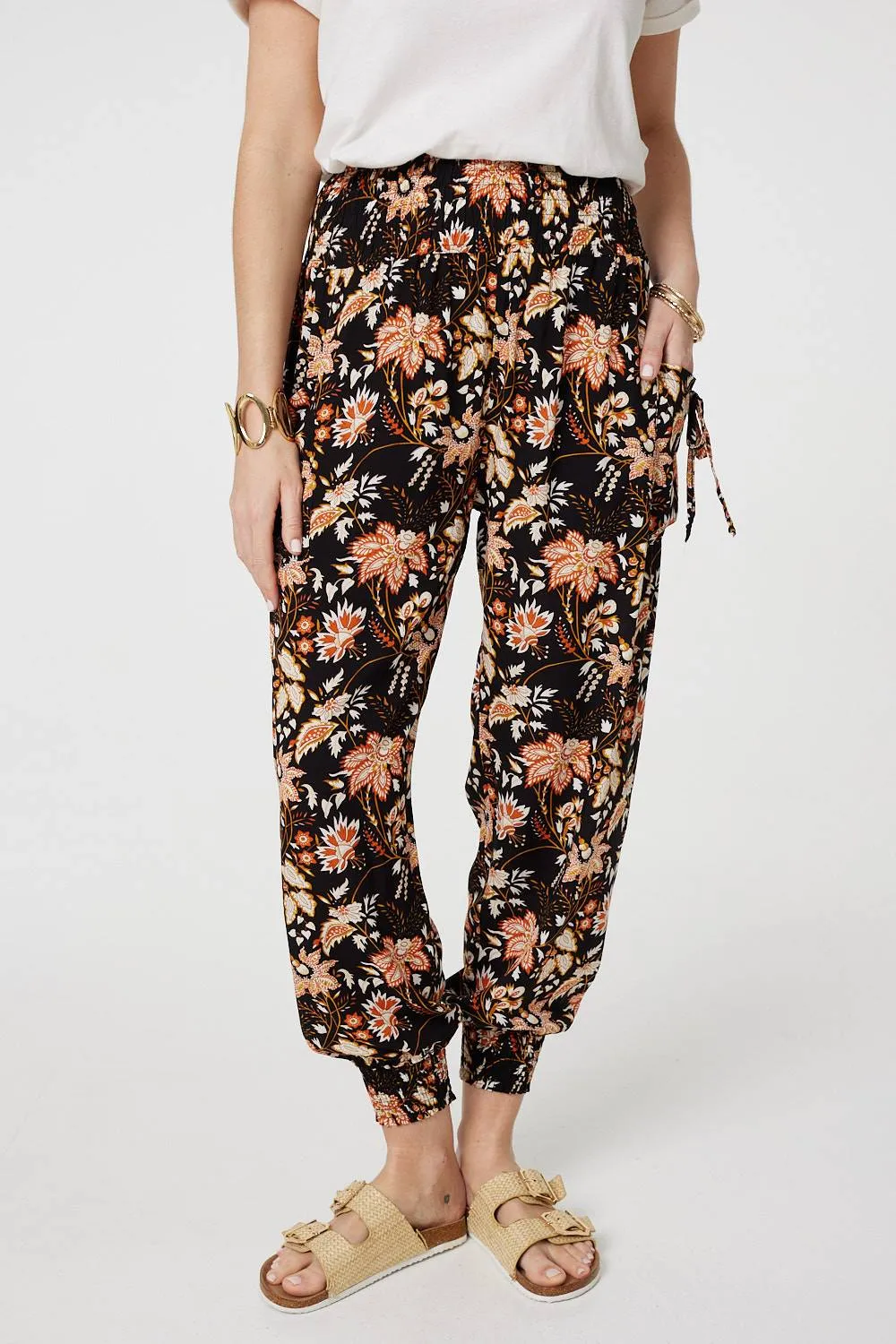 Vintage Floral Shirred Waist Harem Pants