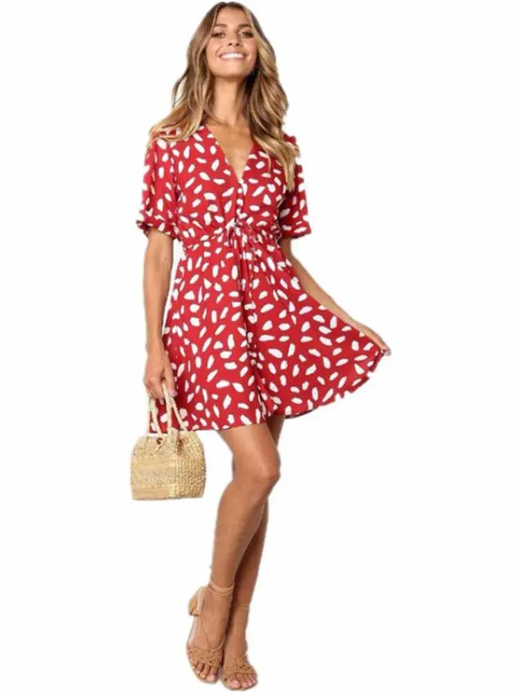 White Sand Spot Mini V Neck Casual Beach Sundress Wrap Bodycon A-Line Dress